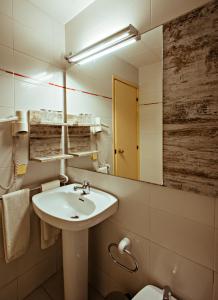 a bathroom with a sink and a mirror and a toilet at Hotel BONCOMPTE in Ponts