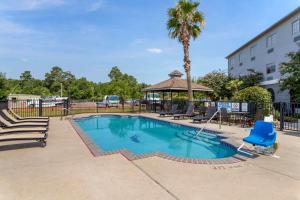 a swimming pool with a palm tree and a gazebo at Comfort Suites Kingwood Humble Houston North in Humble