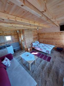 una habitación con sofá y mesa en una cabaña en Markove kolibe 4, Uvac, en Sjenica