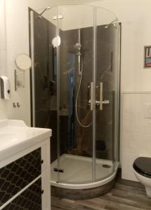 eine Dusche mit Glastür im Bad in der Unterkunft Villa Regina in Möhnesee