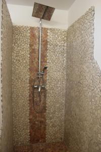 a shower in a bathroom with a stone wall at Ferienwohnung Störtebeker in Sandesneben