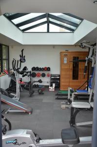 a gym with several tread machines and a window at Charmant logis neuf équipé/Piscine/SPA/Sauna/Gym 