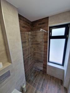 uma casa de banho com um chuveiro e uma janela em Nina Apartman 2 em Soko Banja