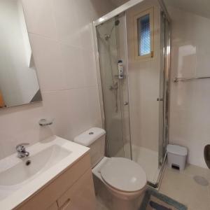 een badkamer met een toilet, een douche en een wastafel bij Studios Rossio in Viseu