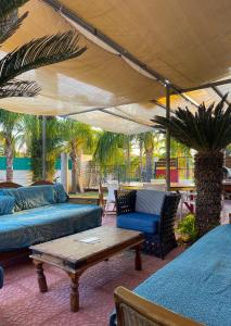 um pátio com sofás e uma mesa debaixo de uma tenda em House of Nissus Hostel em Agia Napa