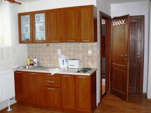 a kitchen with wooden cabinets and a sink and a door at Penzion Továrníkova vila in Skuhrov nad Bělou