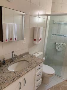 La salle de bains est pourvue d'un lavabo, de toilettes et d'une douche. dans l'établissement Apartamento em Caraguatatuba em Frente a Praia, à Caraguatatuba