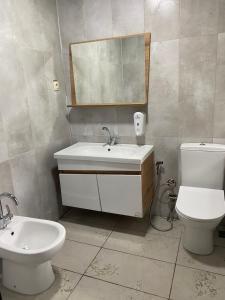 アイダー・ヤイラシにあるAyder Villa Gencalのバスルーム(洗面台、トイレ、鏡付)