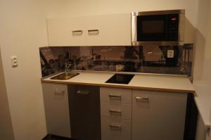 a kitchen with a sink and a microwave at Apartmany Ostrava in Ostrava