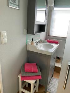 a small bathroom with a sink and a mirror at FeWo "Zwischen den Meeren" in Rendsburg