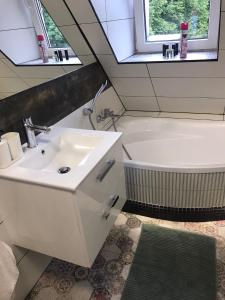 a bathroom with a white sink and a tub at Nowe miasto in Wałbrzych