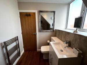 a bathroom with a sink and a toilet and a mirror at Chapel Cross Guesthouse in Roslin