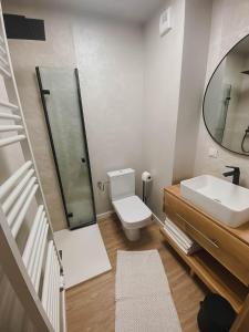 a bathroom with a toilet and a sink and a mirror at Nadolnik apartment in Poznań