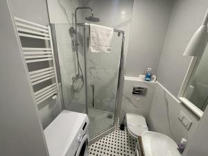 een kleine badkamer met een douche en een toilet bij Katowice Gallery Center in Katowice