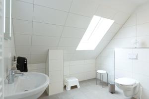 a white bathroom with a sink toilet and a skylight at Apartment unter den Kiefern 93 in Röbel +11 photos