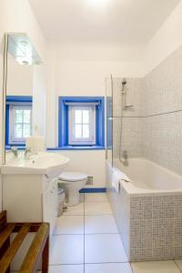 La salle de bains est pourvue d'une baignoire, de toilettes et d'un lavabo. dans l'établissement Le Vieux Moulin, à Hédé