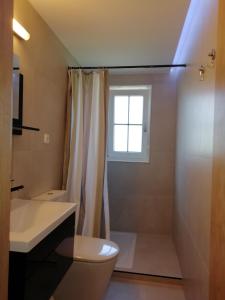 łazienka z umywalką, toaletą i oknem w obiekcie Ferienwohnung Anneliese Eckhart w mieście Anger