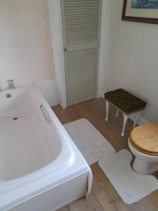 a bathroom with a white tub and a toilet at Fern Cottage in Scalby