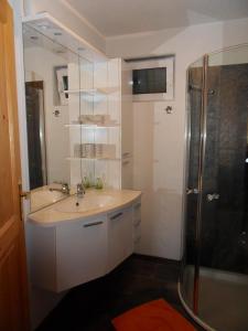 a bathroom with a sink and a shower at Chalet Tschengla in Bürserberg