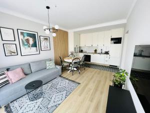 a living room with a gray couch and a kitchen at Apartament Sunnyside Rewa in Rewa