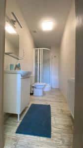 a bathroom with a sink and a toilet and a mirror at Oázis apartmanház in Fertőszentmiklós