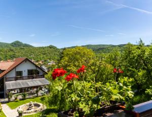 a view of a house with red flowers on a balcony at Vila Rustic INN Bucegi in Pietroşiţa