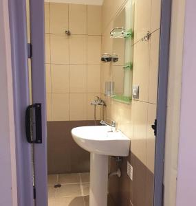 a bathroom with a white sink and a mirror at "Frogs House" Hotel & Restorant Slow Food in Lushnjë