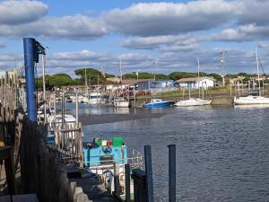 un groupe de bateaux amarrés à une marina sur l'eau dans l'établissement Villa 'Andercool' avec piscine utilisable en toutes saisons, à Andernos-les-Bains