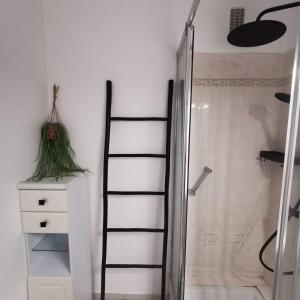 a shower with a glass door next to a white dresser at Chambre Voyage tout confort pres de saint Marceau in Saint-Jean-le-Blanc