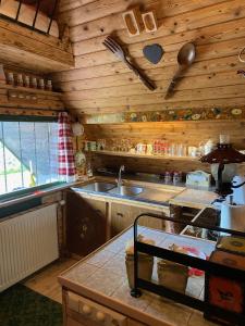 - une cuisine avec des murs en bois, un évier et un comptoir dans l'établissement Berghütte Waldheimat, à Ratten