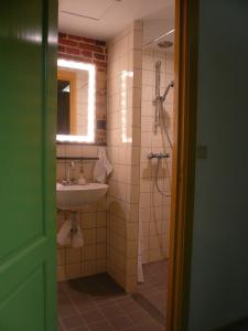 een badkamer met een wastafel en een douche bij B&B Pakhuis Emden in Groningen