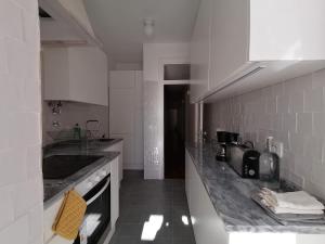 een keuken met marmeren aanrechtbladen en een wastafel bij Stunning Apartment Marquês de Pombal in Lissabon
