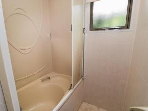 ein Bad mit einer Dusche und einem WC in der Unterkunft Fron Dderw Caravan in Holyhead