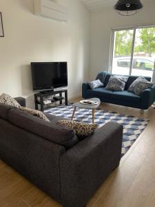 ein Wohnzimmer mit 2 Sofas und einem TV in der Unterkunft Maison neuve entre Bassin d'Arcachon et Landes 