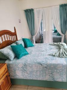 1 dormitorio con 1 cama grande con almohadas azules en Beachfront Inn en Winterstrand