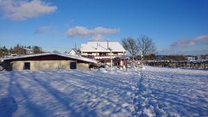 un patio cubierto de nieve con una casa en el fondo en Schmugglerhaus 