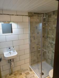 y baño con ducha y lavamanos. en Saechsische-Schweiz-Ferienhaus-Wohnung-2-mit-hervorragendem-Panoramablick-ueber-das-Elbtal, en Königstein