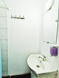 Baño blanco con lavabo y espejo en Casa Borcean 2 en Sasca Montană