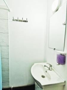 Baño blanco con lavabo y espejo en Casa Borcean 2, en Sasca Montană