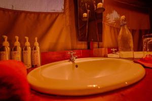 um lavatório numa casa de banho com garrafas na parede em Kandili Camp em Musiara Campsite