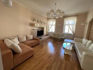 - un salon avec un canapé et une table dans l'établissement Apartment DR. Becher LUX 60 M2, à Karlovy Vary