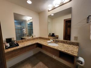 a bathroom with a sink and a large mirror at The Inn at Shady Lawn in Newland