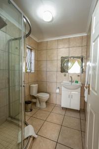 a bathroom with a toilet and a sink and a shower at Ramandire B&B in Witbank
