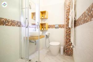 uma casa de banho com um chuveiro, um WC e um lavatório. em Pisa Tower Apartment em Pisa