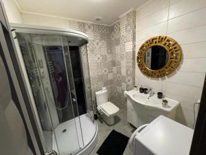 a bathroom with a shower and a toilet and a sink at Apartament ELLA in Tulcea +26 photos