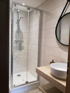 uma casa de banho com um chuveiro e um lavatório. em Duo Des Alpages vue exceptionnelle sur le Mont Blc em Saint-Gervais-les-Bains
