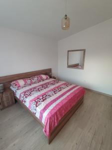 1 dormitorio con 1 cama con manta rosa y espejo en Guest House Tomba, en Bar