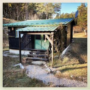 格雷奧利艾的住宿－Petit chalet pour amoureux de la nature au « Domaine de Tara »，田野上带绿色屋顶的小小屋