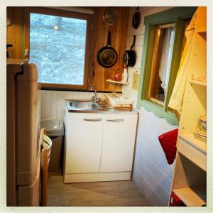 una pequeña cocina con fregadero y ventana en Petit chalet pour amoureux de la nature au « Domaine de Tara » en Gréolières