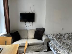 een woonkamer met een bank en een tv aan de muur bij Safran House in Londen